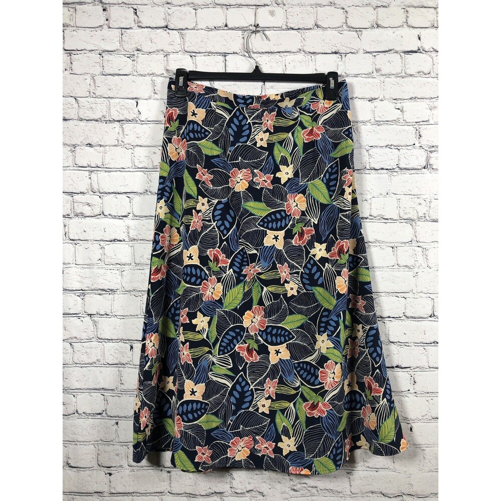 Sage Harbor Women Petite Floral‎ A-Line Midi Skirt Navy Blue 10P